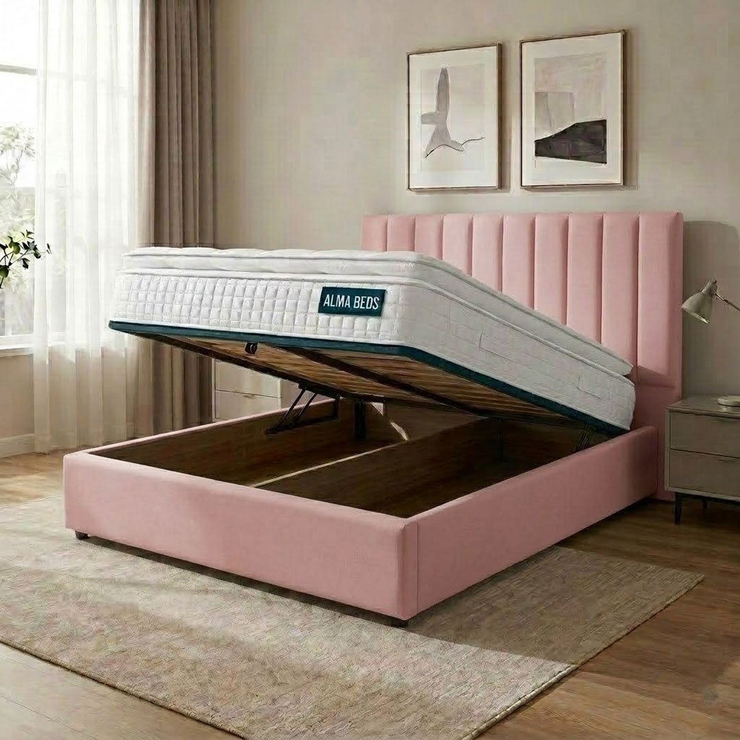 Blush pink Coniston Ottoman bed with lift-up storage