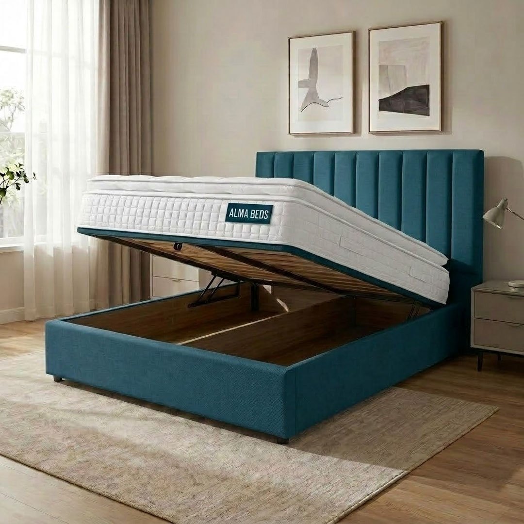 Ocean teal Ottoman bed lifted open showing storage