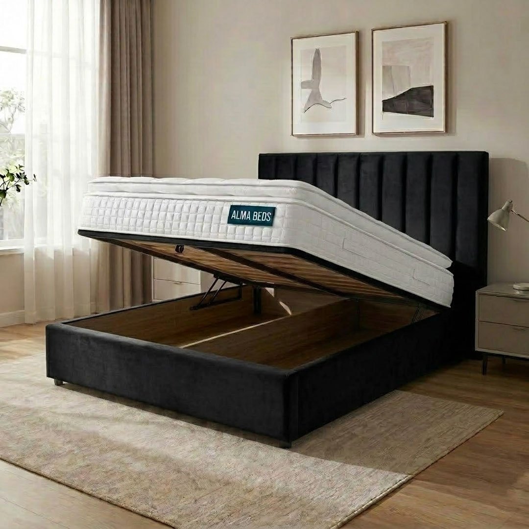 Onyx Black Plush Velvet Ottoman Bed