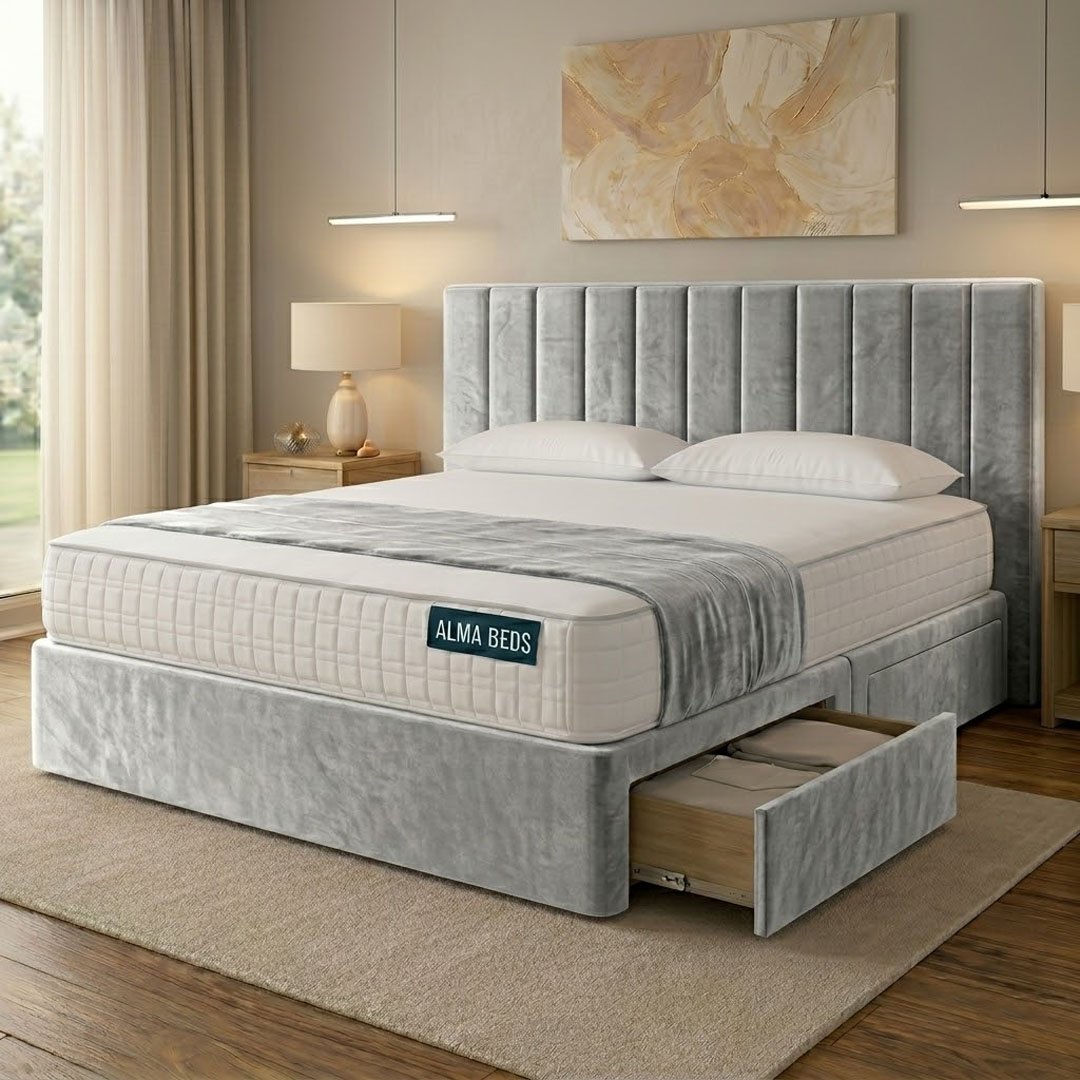 Silver plush velvet Prague divan bed with drawer open