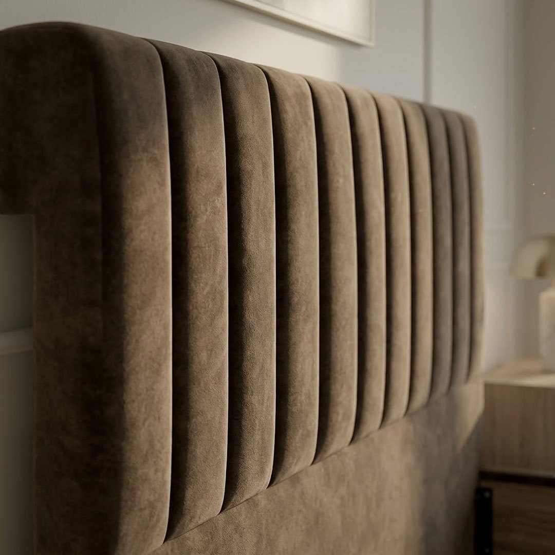 Mink fluted velvet headboard with rolled frame